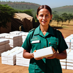 A compassionate humanitarian aid worker, fully clothed in a modest, practical field uniform, standing confidently amidst an orderly humanitarian aid distribution point. The background features organized stacks of aid supplies in a sunlit, clean, and African-inspired landscape. The scene conveys resilience and professional dedication, with a focus on hope and constructive action. Perfect anatomy, correct proportions, natural pose, well-formed hands, proper finger count, natural body proportions. Safe for work, appropriate content, fully clothed, modest clothing, family-friendly.
