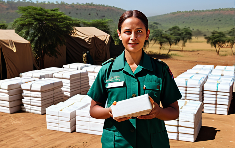 A compassionate humanitarian aid worker, fully clothed in a modest, practical field uniform, standing confidently amidst an orderly humanitarian aid distribution point. The background features organized stacks of aid supplies in a sunlit, clean, and African-inspired landscape. The scene conveys resilience and professional dedication, with a focus on hope and constructive action. Perfect anatomy, correct proportions, natural pose, well-formed hands, proper finger count, natural body proportions. Safe for work, appropriate content, fully clothed, modest clothing, family-friendly.