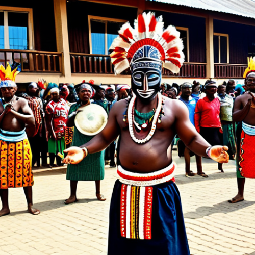 Home 25 A vibrant cultural scene showcasing adult Igbo people participating in a traditional festival. They are fully clothed in colorful, modest ceremonial attire with intricate symbolic patterns. One individual wears a beautifully carved, expressive Igbo mask, central to the dance. The setting is an outdoor village square, bustling with energy. Perfect anatomy, correct proportions, natural pose, well-formed hands, proper finger count, natural body proportions, safe for work, appropriate content, family-friendly, professional photography, high quality.