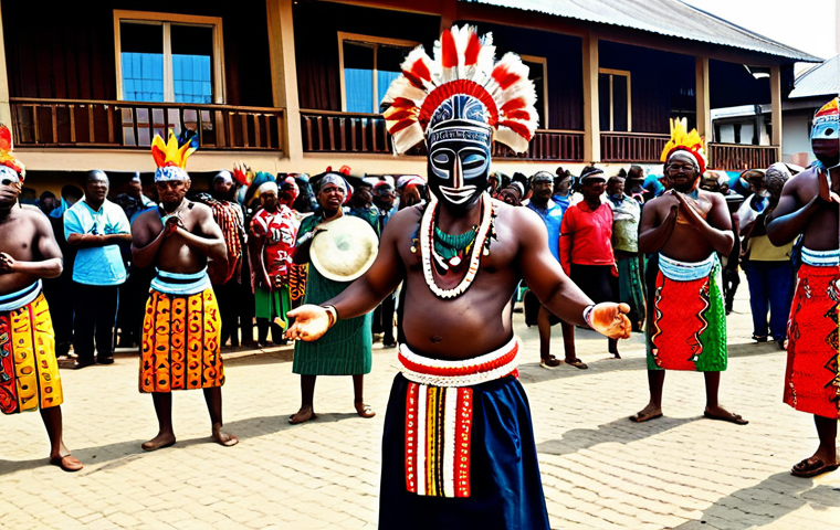 A vibrant cultural scene showcasing adult Igbo people participating in a traditional festival. They are fully clothed in colorful, modest ceremonial attire with intricate symbolic patterns. One individual wears a beautifully carved, expressive Igbo mask, central to the dance. The setting is an outdoor village square, bustling with energy. Perfect anatomy, correct proportions, natural pose, well-formed hands, proper finger count, natural body proportions, safe for work, appropriate content, family-friendly, professional photography, high quality.