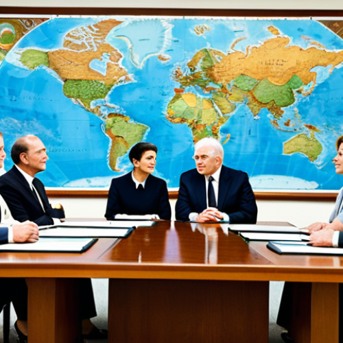Home 24 A group of professional male and female diplomats, fully clothed in modest, formal business attire, are seated around a large conference table in a vintage 1960s government office. A detailed world map is partially visible on the table, hinting at global strategic discussions. The room is well-lit, conveying a serious and contemplative atmosphere. This scene emphasizes diplomatic decision-making and geopolitics. Safe for work, appropriate content, fully clothed, professional dress, perfect anatomy, correct proportions, natural pose, well-formed hands, proper finger count, natural body proportions, professional photography, high quality, family-friendly.
