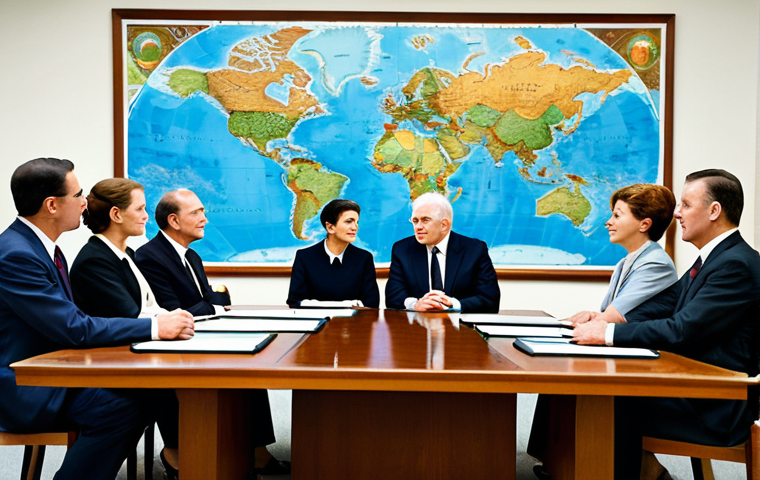 A group of professional male and female diplomats, fully clothed in modest, formal business attire, are seated around a large conference table in a vintage 1960s government office. A detailed world map is partially visible on the table, hinting at global strategic discussions. The room is well-lit, conveying a serious and contemplative atmosphere. This scene emphasizes diplomatic decision-making and geopolitics. Safe for work, appropriate content, fully clothed, professional dress, perfect anatomy, correct proportions, natural pose, well-formed hands, proper finger count, natural body proportions, professional photography, high quality, family-friendly.