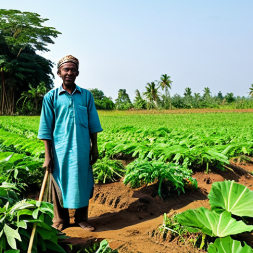 Home 23 A resilient Biafran farmer, fully clothed in modest, traditional attire, tending a lush yam and cassava field. The sun shines brightly on the fertile land, highlighting the green crops. Simple farming tools are visible, symbolizing self-sufficiency and hard work. The background shows a vast, peaceful agricultural landscape under a clear sky. The image conveys a sense of quiet determination and the power of traditional farming. safe for work, appropriate content, fully clothed, family-friendly, perfect anatomy, correct proportions, natural pose, well-formed hands, proper finger count, natural body proportions, professional photography, high quality.