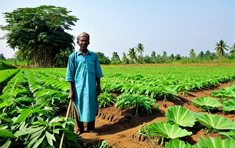 A resilient Biafran farmer, fully clothed in modest, traditional attire, tending a lush yam and cassava field. The sun shines brightly on the fertile land, highlighting the green crops. Simple farming tools are visible, symbolizing self-sufficiency and hard work. The background shows a vast, peaceful agricultural landscape under a clear sky. The image conveys a sense of quiet determination and the power of traditional farming. safe for work, appropriate content, fully clothed, family-friendly, perfect anatomy, correct proportions, natural pose, well-formed hands, proper finger count, natural body proportions, professional photography, high quality.