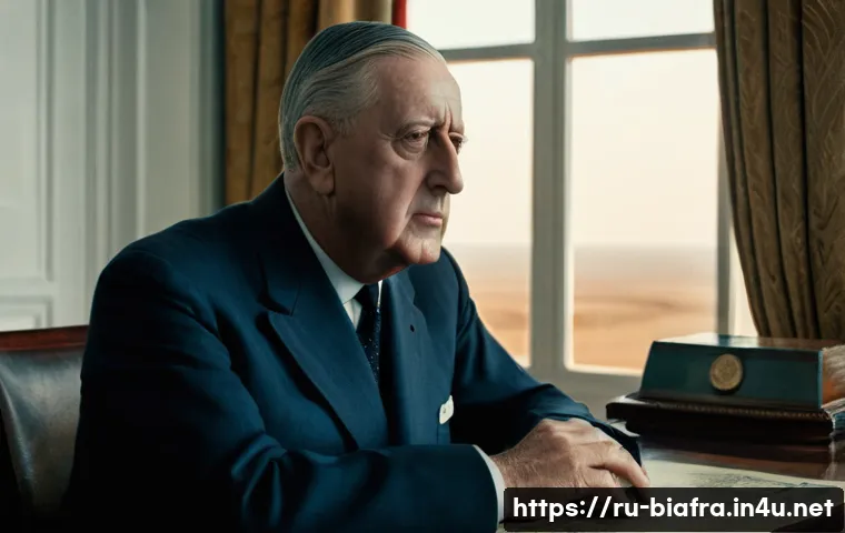 비아프라 전쟁과 프랑스 지원 - **Prompt:** A dignified, cinematic portrait of Charles de Gaulle, a strategic gleam in his eyes, sea...