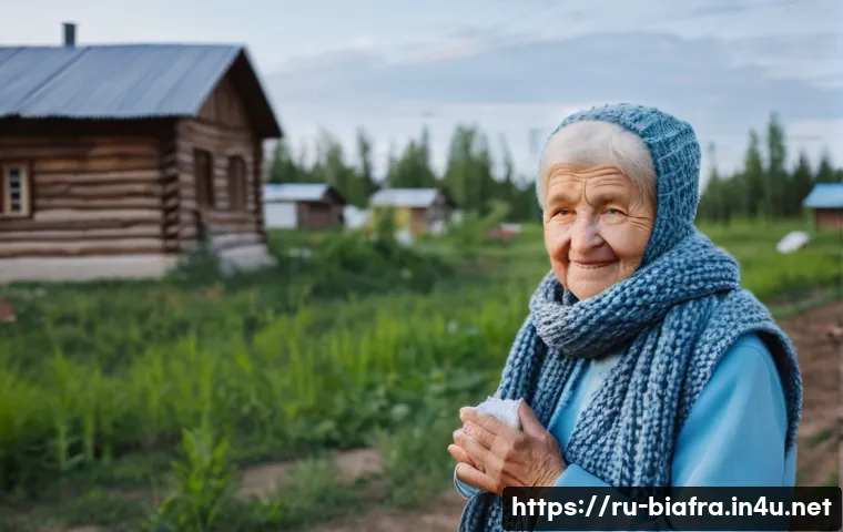 비아프라 전쟁 생존자 인터뷰 - A resilient elderly woman wearing modest clothing and a warm scarf, organizing a community shelter f...