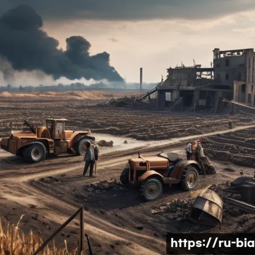 비아프라 전쟁의 경제적 손실 - A devastated industrial landscape showing destroyed factories and damaged agricultural fields under ...