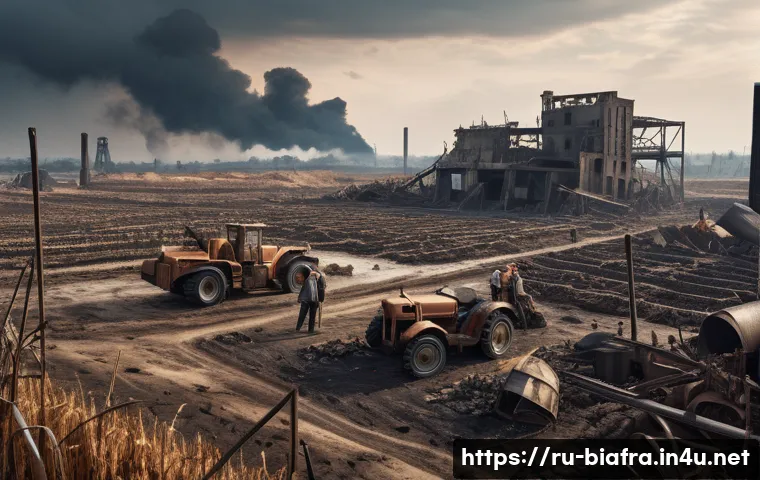 비아프라 전쟁의 경제적 손실 - A devastated industrial landscape showing destroyed factories and damaged agricultural fields under ...