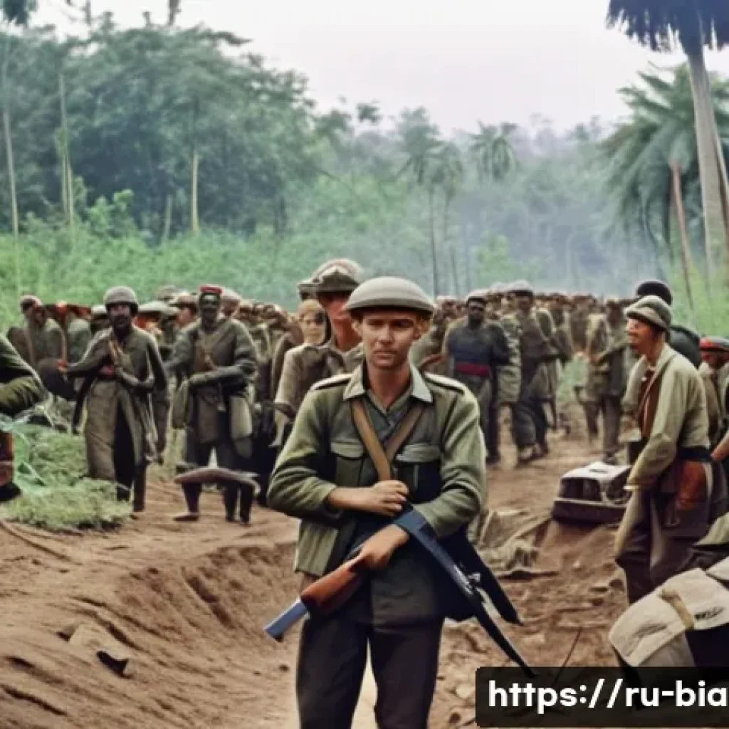 비아프라 전쟁과 소련 개입 - A detailed historical scene depicting Soviet military advisors training Biafran separatist fighters ...