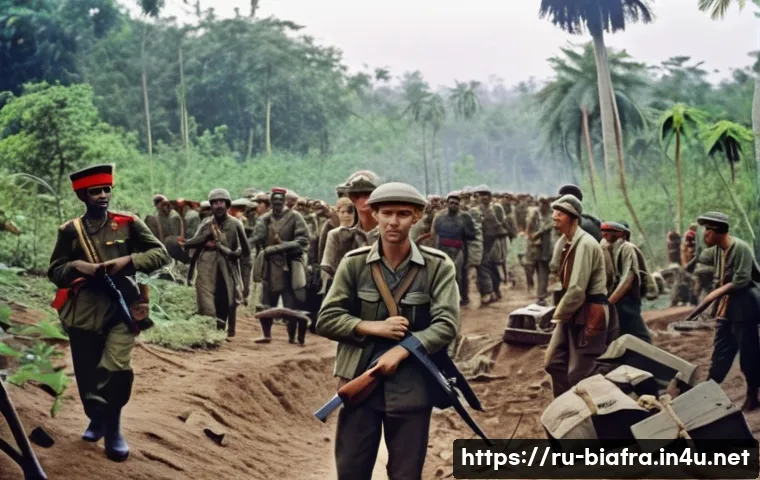 비아프라 전쟁과 소련 개입 - A detailed historical scene depicting Soviet military advisors training Biafran separatist fighters ...