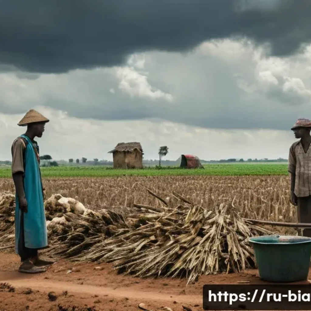 비아프라 전쟁과 기근 문제 - A detailed scene depicting a rural African village during conflict, showing damaged farms and fields...