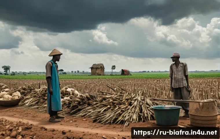 비아프라 전쟁과 기근 문제 - A detailed scene depicting a rural African village during conflict, showing damaged farms and fields...