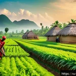 비아프라 공화국 경제 - A vibrant Biafran agricultural scene showcasing modern farming techniques: farmers wearing light clo...