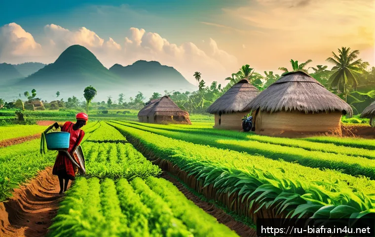 비아프라 공화국 경제 - A vibrant Biafran agricultural scene showcasing modern farming techniques: farmers wearing light clo...
