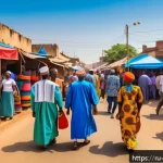 비아프라와 나이지리아 정치 갈등 - A vibrant street scene in a diverse Nigerian city showcasing the ethnic and religious diversity of t...