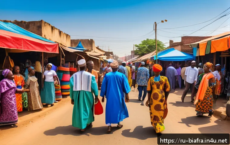 비아프라와 나이지리아 정치 갈등 - A vibrant street scene in a diverse Nigerian city showcasing the ethnic and religious diversity of t...