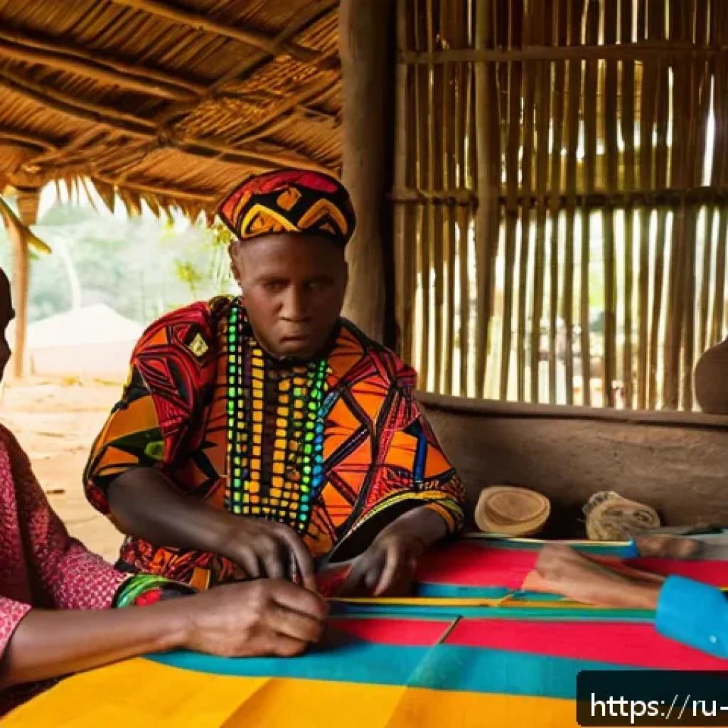 비아프라의 민족 구성 - A vibrant traditional Biafran crafts workshop scene showing skilled artisans weaving colorful fabric...