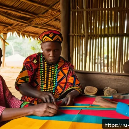 비아프라의 민족 구성 - A vibrant traditional Biafran crafts workshop scene showing skilled artisans weaving colorful fabric...