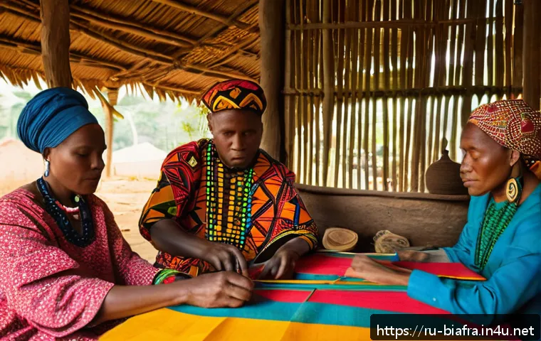 비아프라의 민족 구성 - A vibrant traditional Biafran crafts workshop scene showing skilled artisans weaving colorful fabric...