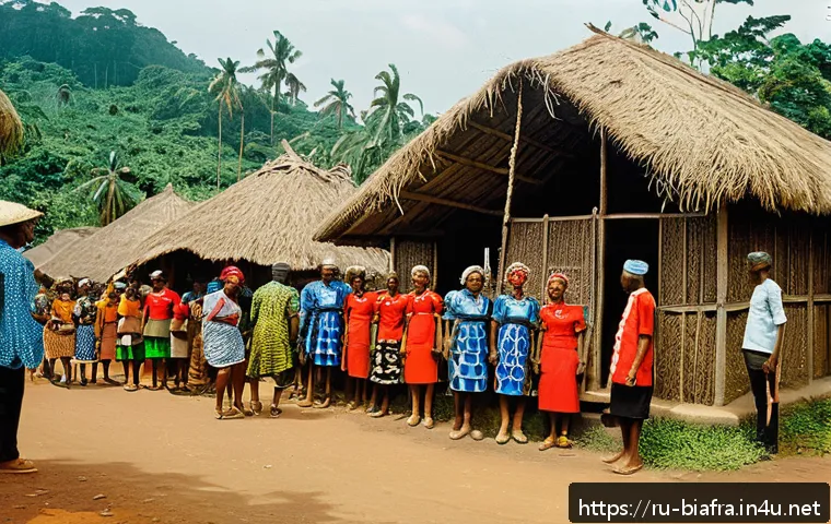 비아프라 전쟁과 아프리카 식민지 역사 - A detailed and realistic scene of a traditional Igbo village in Biafra during the late 1960s, showin...