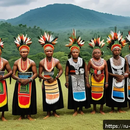 비아프라 공화국과 주변 부족 관계 - A detailed scene depicting a diverse group of indigenous tribes from the Biafra region engaged in a ...