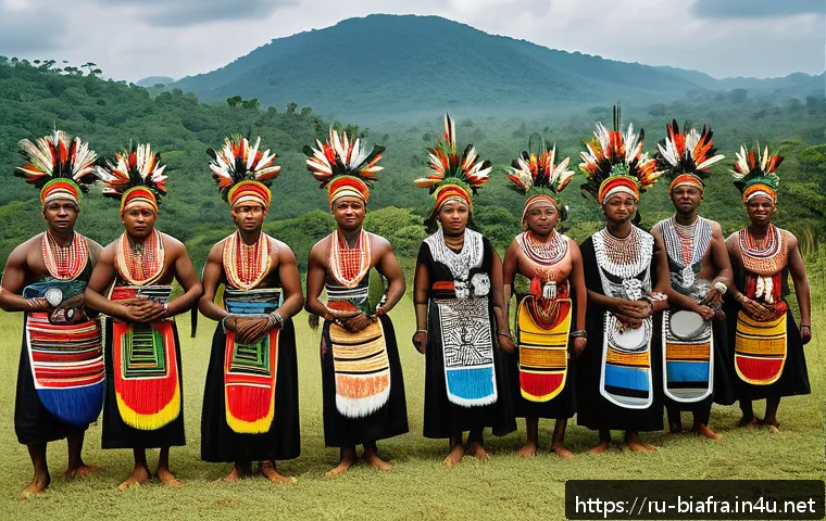 비아프라 공화국과 주변 부족 관계 - A detailed scene depicting a diverse group of indigenous tribes from the Biafra region engaged in a ...