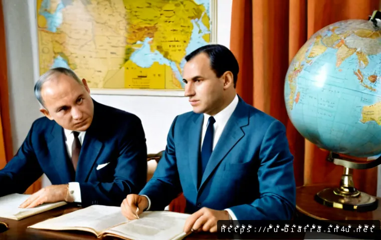 비아프라 독립운동 지지 국가 - Photorealistic 1960s diplomatic briefing in a softly lit European government office, an African poli...