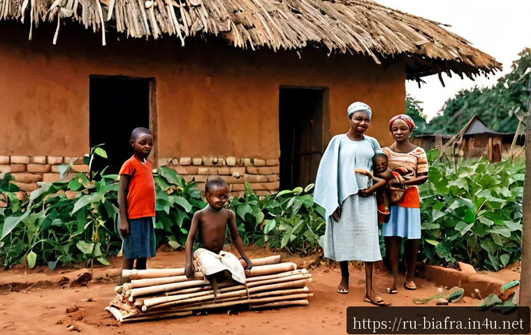 비아프라 전쟁 이후 이그보인의 삶 - Photorealistic 1970s southeastern Nigerian village after the Biafran War, Igbo family rebuilding a m...